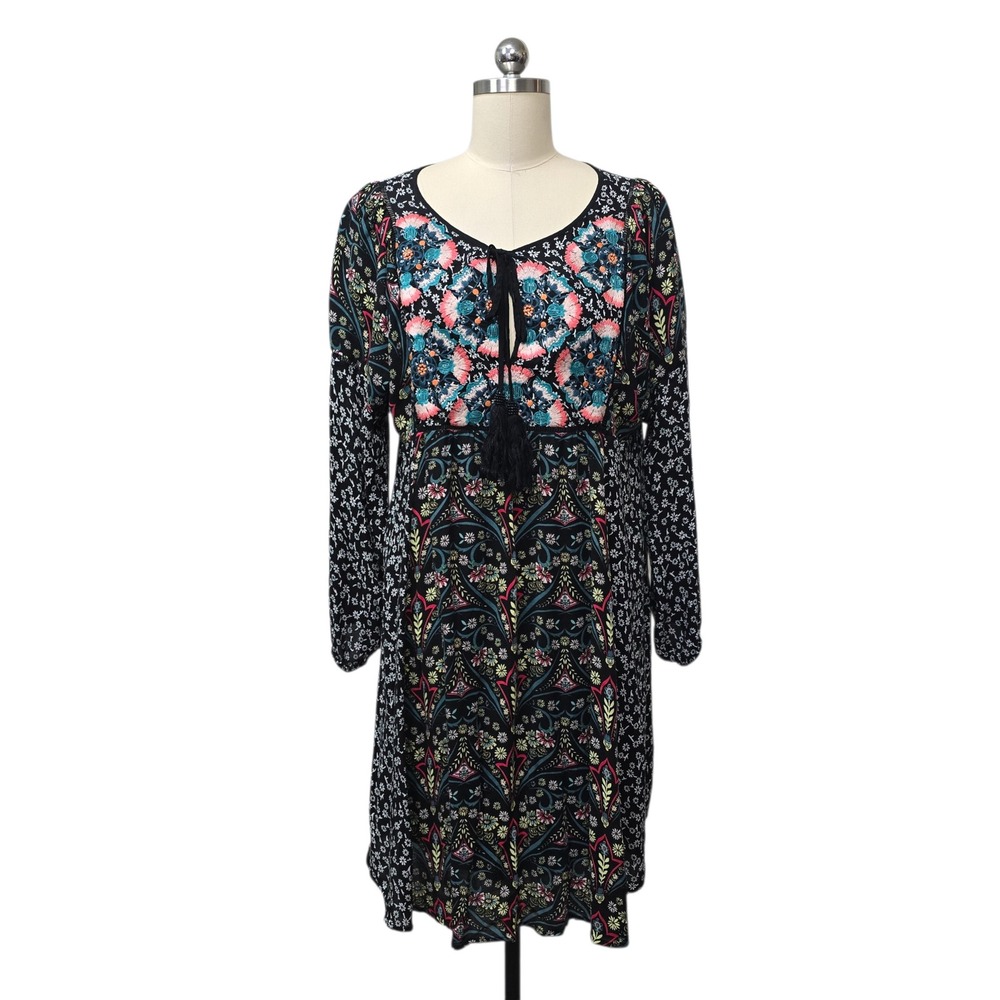 Sundance Womens Large‎ Black Floral Paisley Mixed Print Tassel Boho Rayon Dress